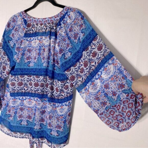 Fig And Flower Blue Red White Multi Print Boho tTie Front Semi Sheer Blouse M - Picture 13 of 15